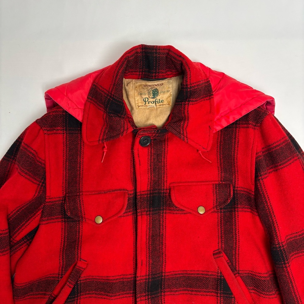 Vintage 30s Buffalo Hunting Jacket w Hood Mens Medium Red Plaid 1940s Wool Coat - Picture 5 of 16